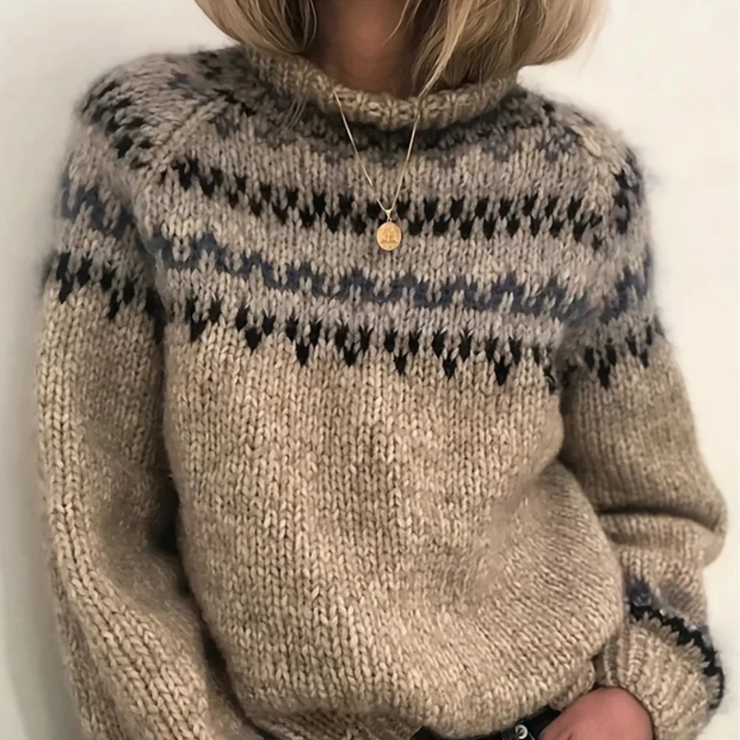 Suéter feminino casual de inverno com gola alta, perfeito para moda. Opções em caqui e azul.
