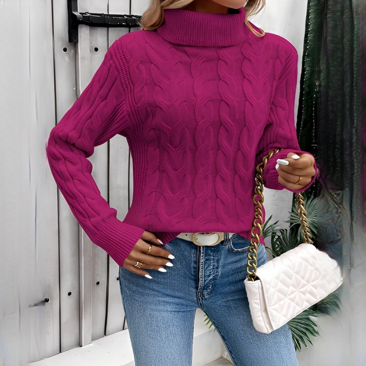 Suéter feminino de inverno com gola alta, agasalho quente e confortável para moda casual.