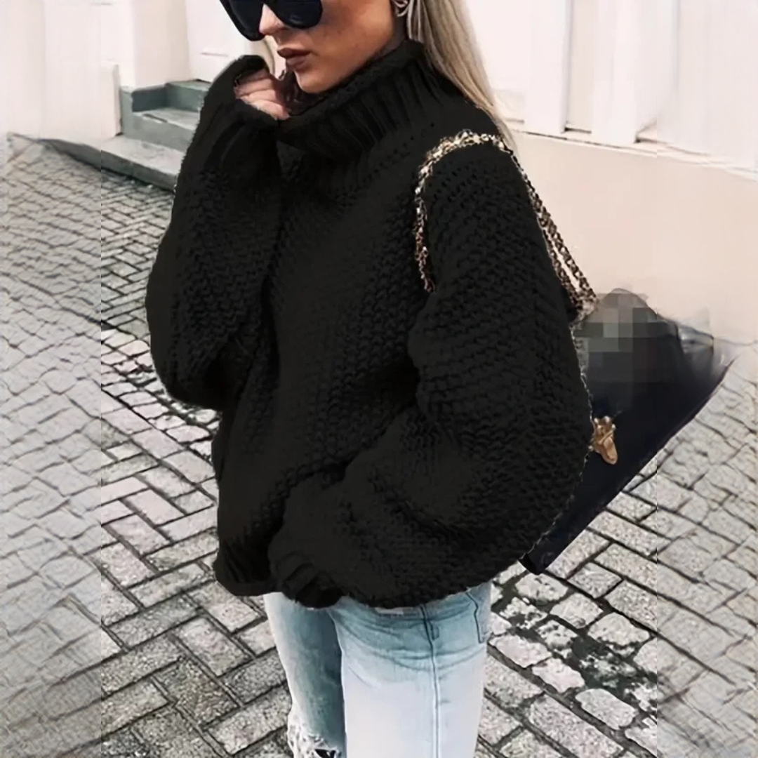 Suéter de gola alta macio e quente para mulher, peça essencial para um look de inverno com conforto e elegância.