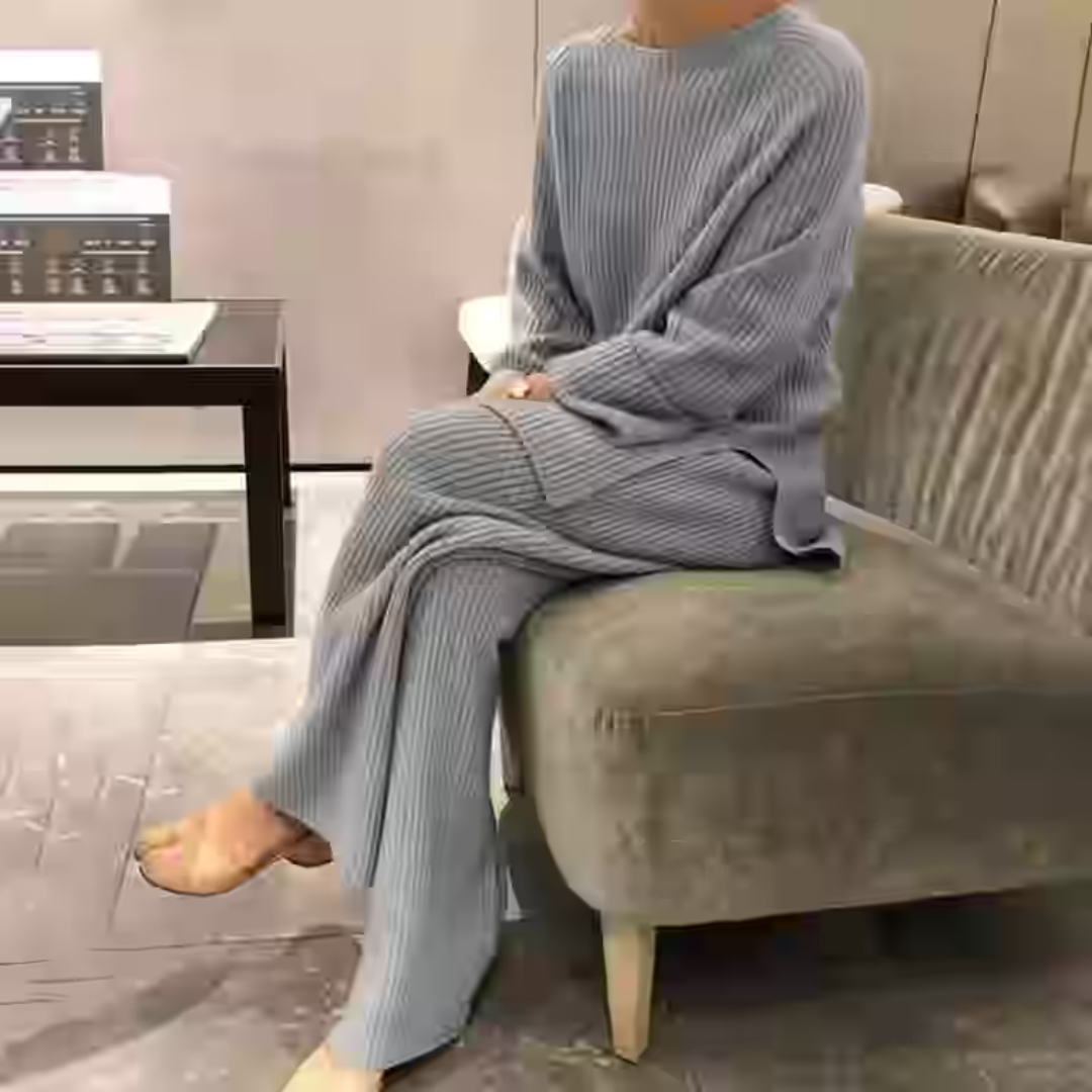 Coordenados femininos de inverno: conjunto de suéter e calça para um visual moderno e sofisticado.