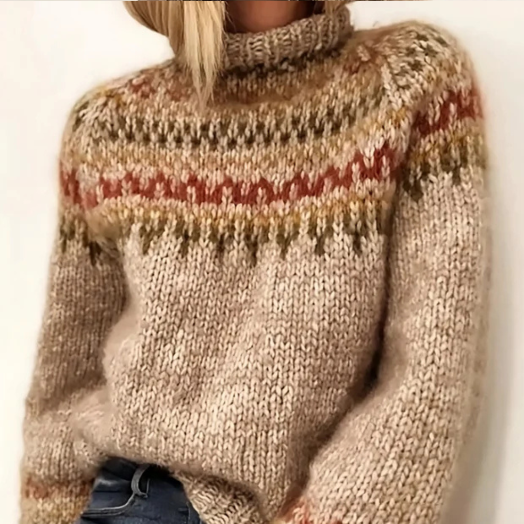 Pulôver feminino elegante de gola alta, quente e confortável, ideal para o inverno. Disponível em bege.