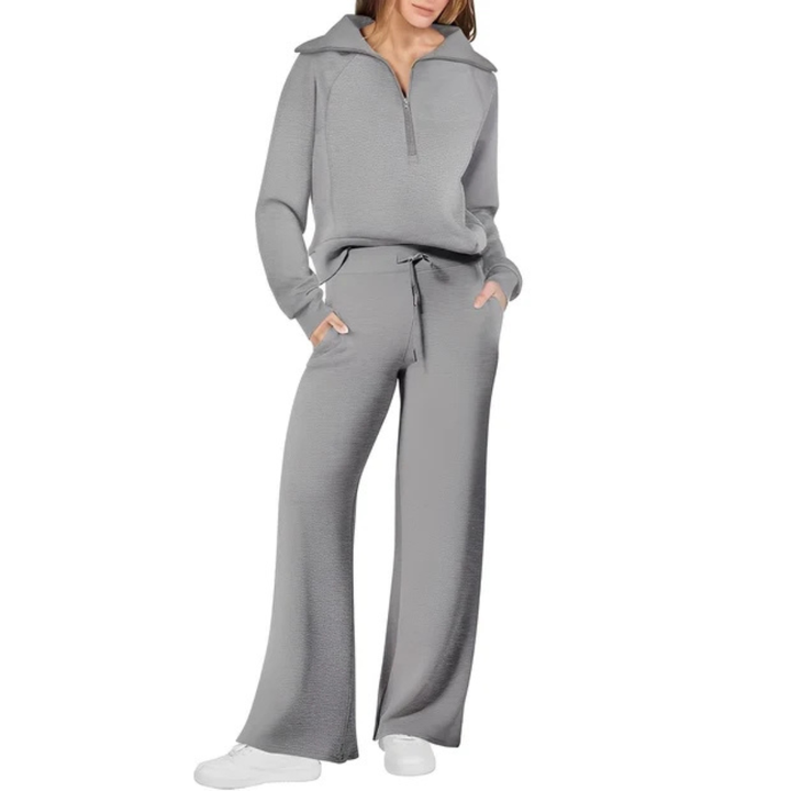 Moda casual feminina: conjunto de calça e suéter. Conforto e estilo, ideal como loungewear ou roupa para casa.