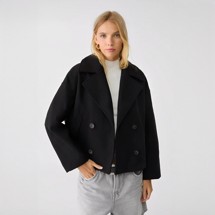 Casaco feminino curto e confortável, ideal para moda de inverno e outono, com estilo moderno e chique.