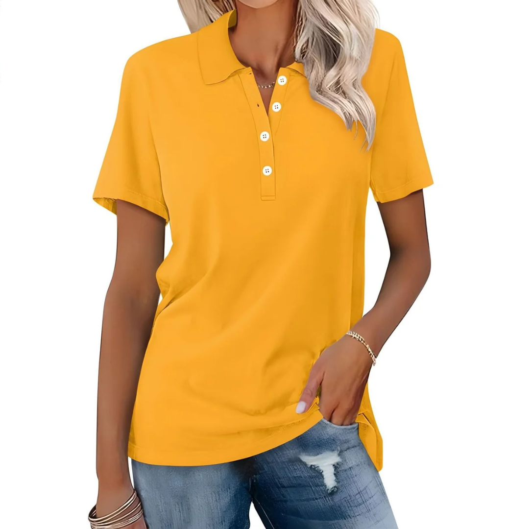 Polo feminina clássica, elegante e confortável. Blusa de manga curta perfeita para looks casuais e de trabalho.