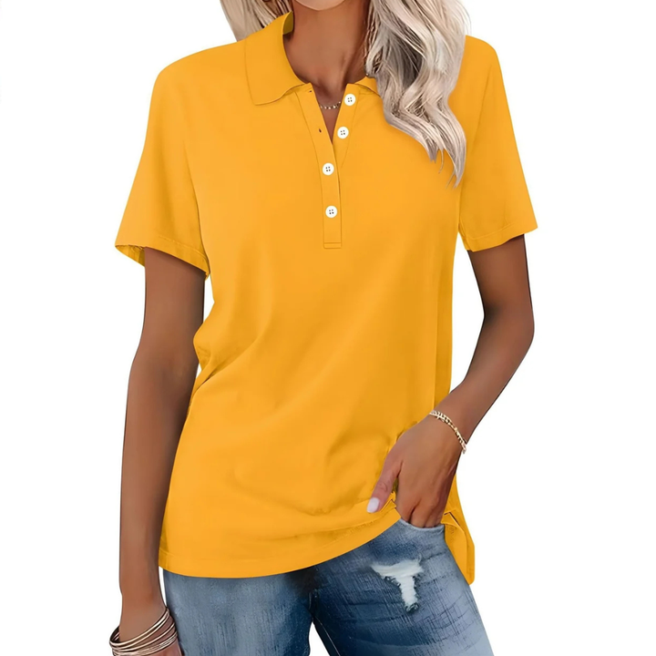 Polo feminina clássica, elegante e confortável. Blusa de manga curta perfeita para looks casuais e de trabalho.