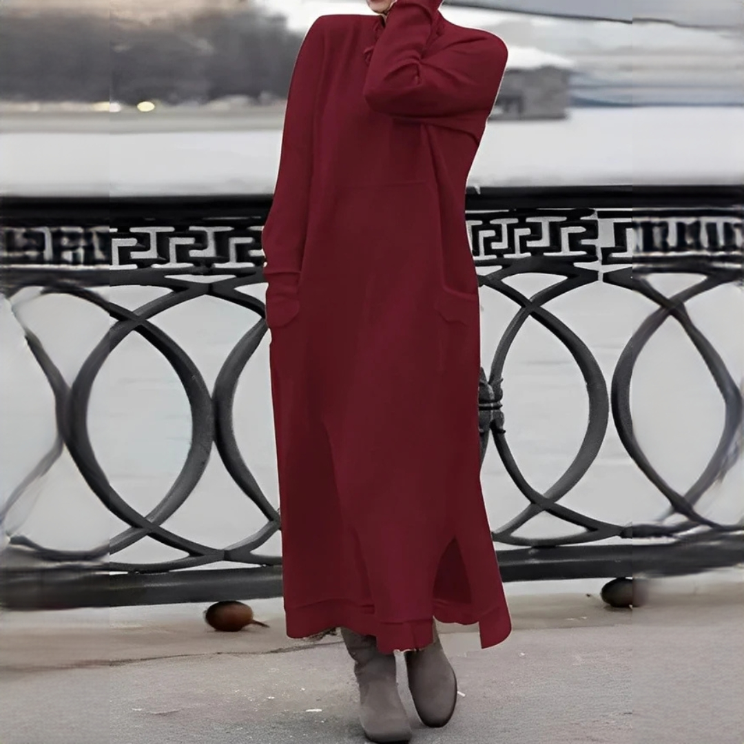 Vestido feminino de inverno confortável, ideal para moda e estilo. Disponível em várias cores como verde, roxo e vermelho.