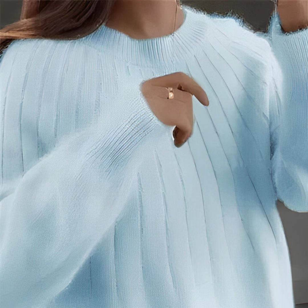 Modelo vestindo suéter feminino elegante. Roupa de inverno, moda feminina com conforto e estilo.