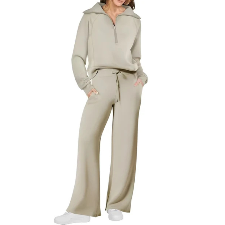 Conjunto feminino confortável: calça e suéter para inverno. Roupa elegante e estilosa, perfeita para relaxar.