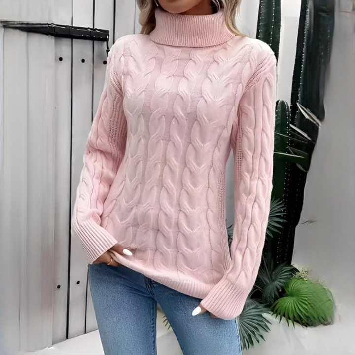 Suéter feminino macio de gola alta, roupa quente e confortável para os dias frios de inverno.