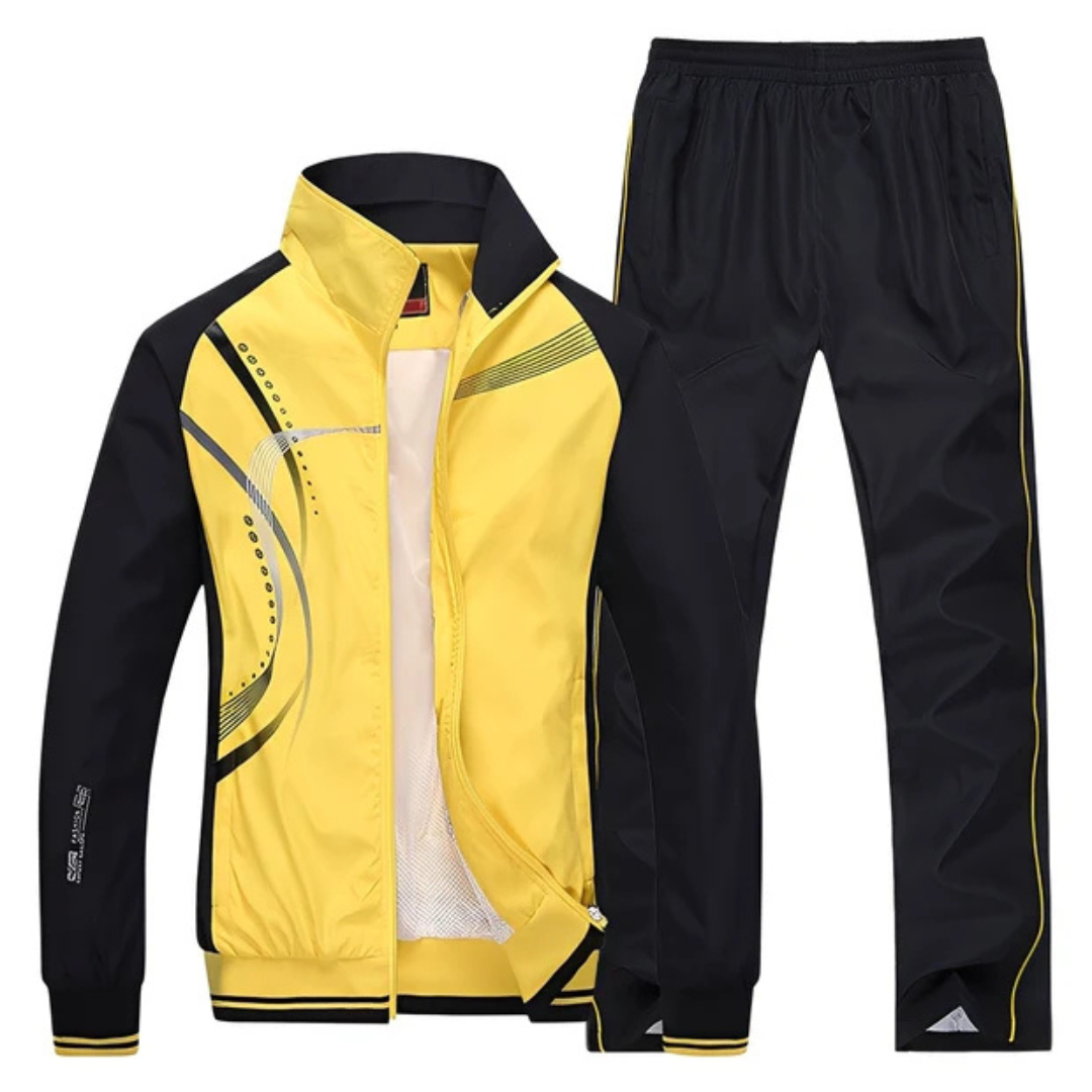 Conjunto Masculino Finn dobrado, com jaqueta e calça. Roupa de lazer versátil para homens, conforto e estilo.