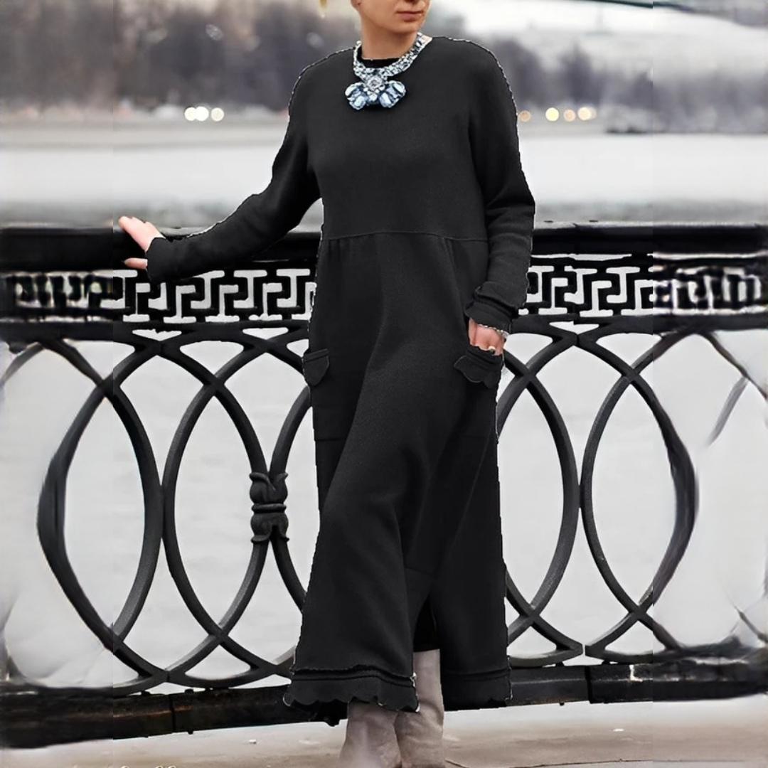 Vestido elegante feminino para o inverno. Design midi moderno, quentinho e confortável, perfeito para a estação.
