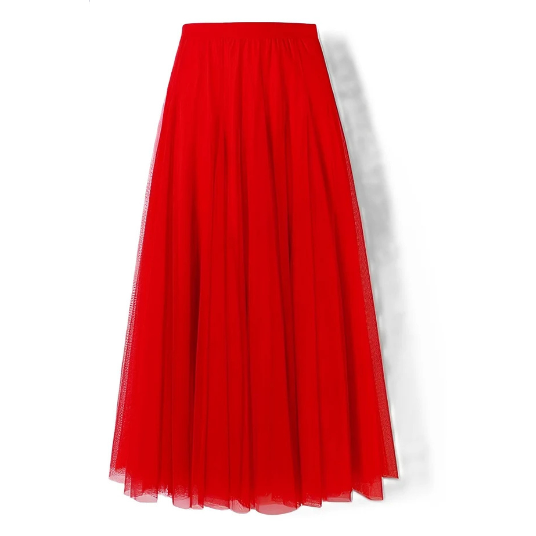 Saia plissada midi feminina de cintura alta, elegante e perfeita para looks casuais ou formais.