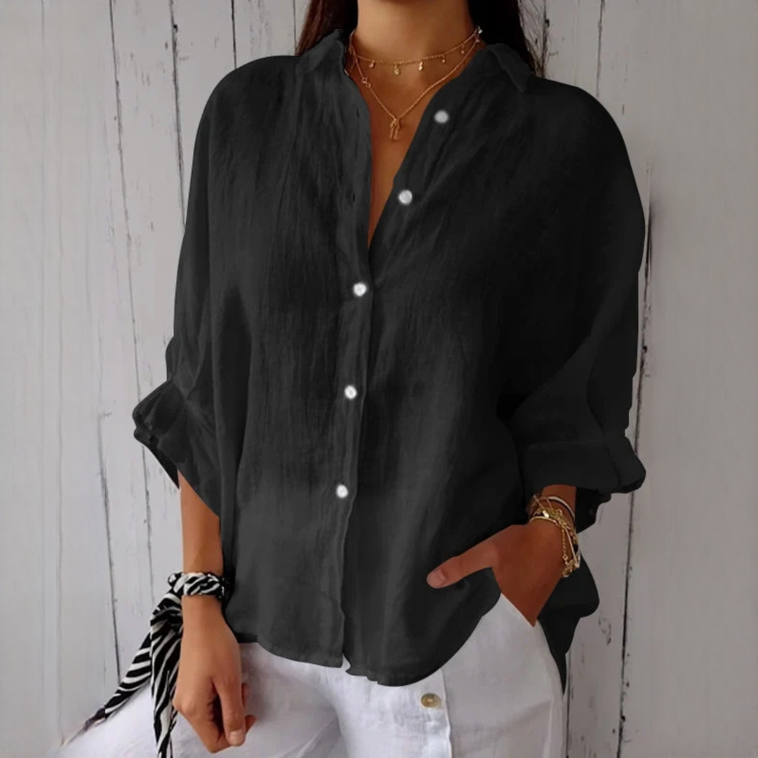 Camisa Reena feminina, blusa casual de manga comprida. Design confortável e descontraído para o vestuário diário de verão.