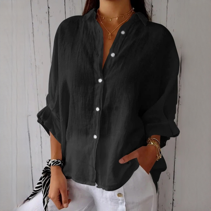 Camisa Reena feminina, blusa casual de manga comprida. Design confortável e descontraído para o vestuário diário de verão.