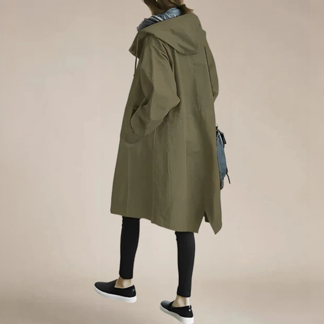 Capa de chuva feminina com capuz, casaco confortável para outono/primavera, protegendo com elegância.