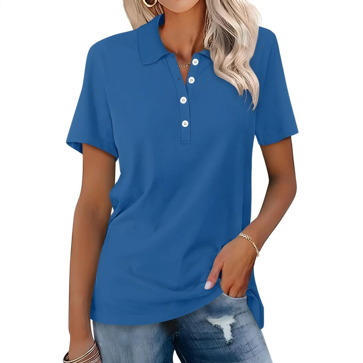 Moda feminina: camisa polo elegante e confortável para outono e primavera. Versátil, manga curta, estilo casual.