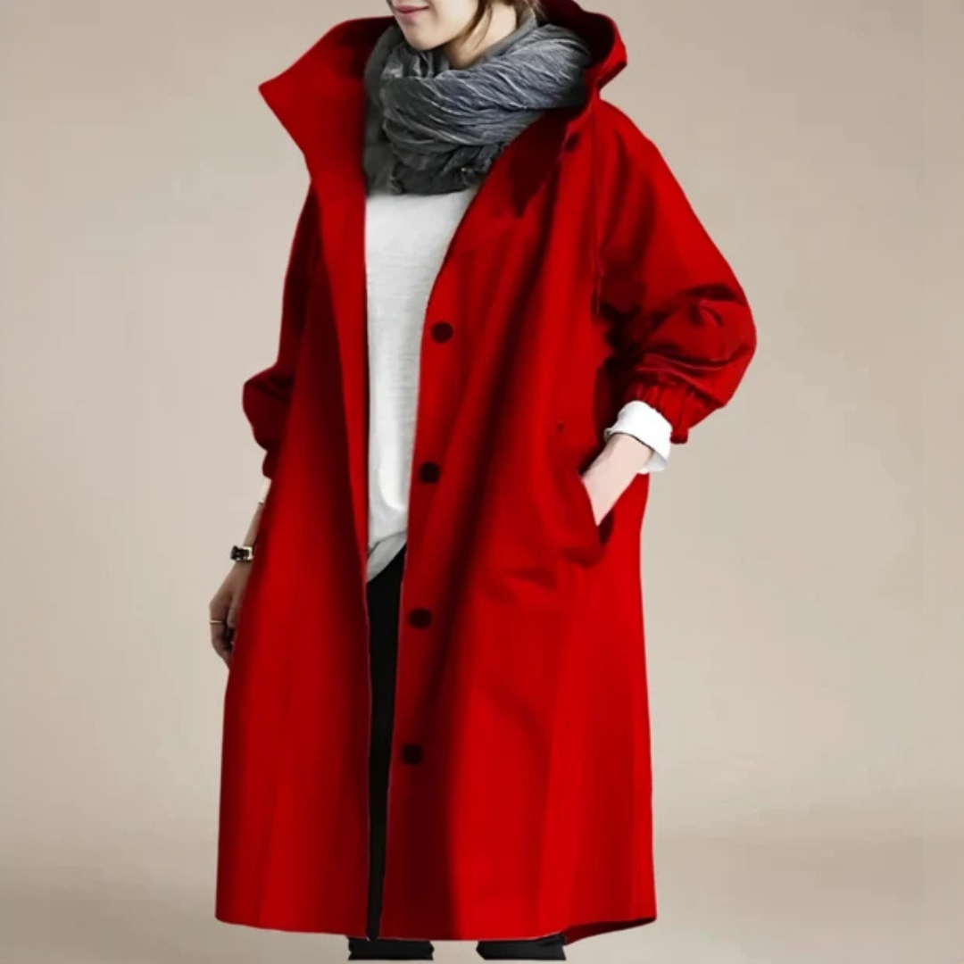 Capa de chuva feminina elegante com capuz, ideal para uso diário e conforto na primavera/outono.