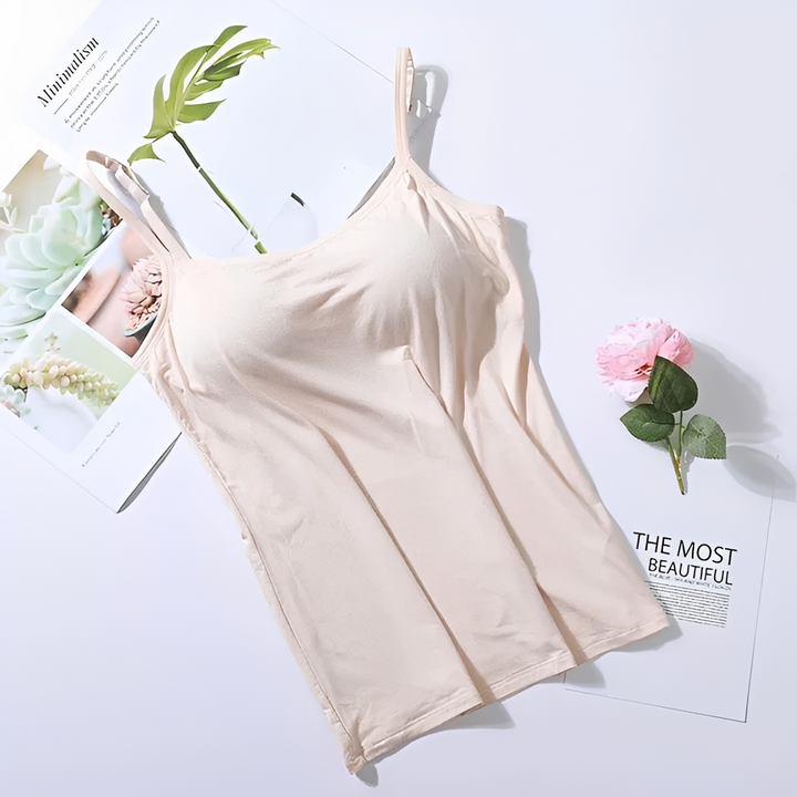 Top feminino casual elegante cinza, com sutiã integrado. Ótimo para conforto e suporte diário.