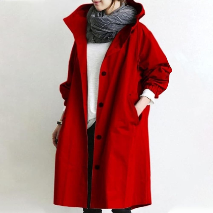 Casaco feminino estiloso e impermeável, protege da chuva e vento. Perfeito para o dia a dia e moda outono.