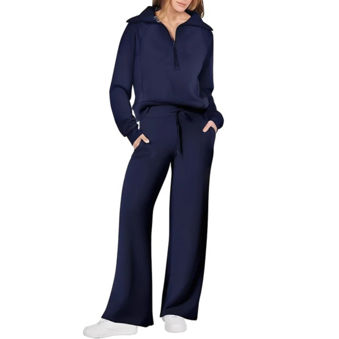 Conjunto coordenado de calça e suéter. Roupa feminina de inverno, com toque elegante e muito confortável.