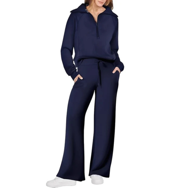 Conjunto coordenado de calça e suéter. Roupa feminina de inverno, com toque elegante e muito confortável.