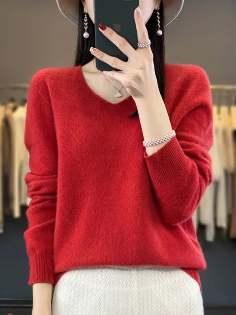 Blusa folgada feminina V-neck em tricô leve, ideal para primavera/verão, moda versátil.