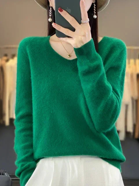 Suéter V-neck feminino para conforto diário, estilo folgado, manga comprida, versátil.