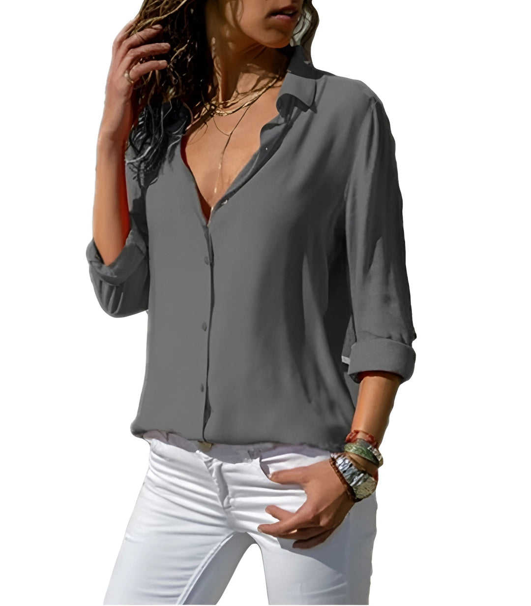 Top feminino elegante de decote em V, blusa fluida ideal para primavera verão e estilo casual.