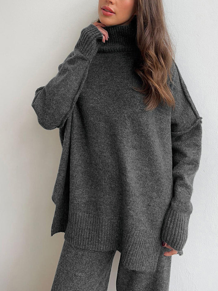 Conjunto casual elegante feminino Amara, roupa de inverno com gola alta suave e design moderno.