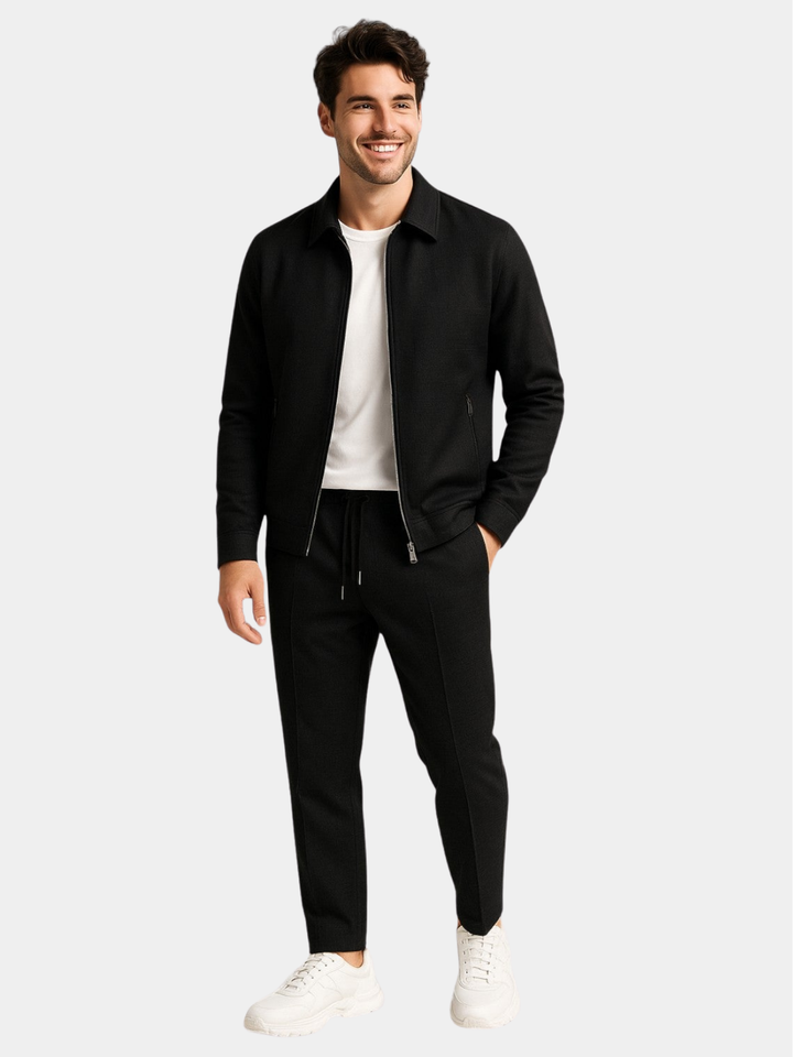 Conjunto masculino slim elegante em algodão, ideal para estilo social ou casual.