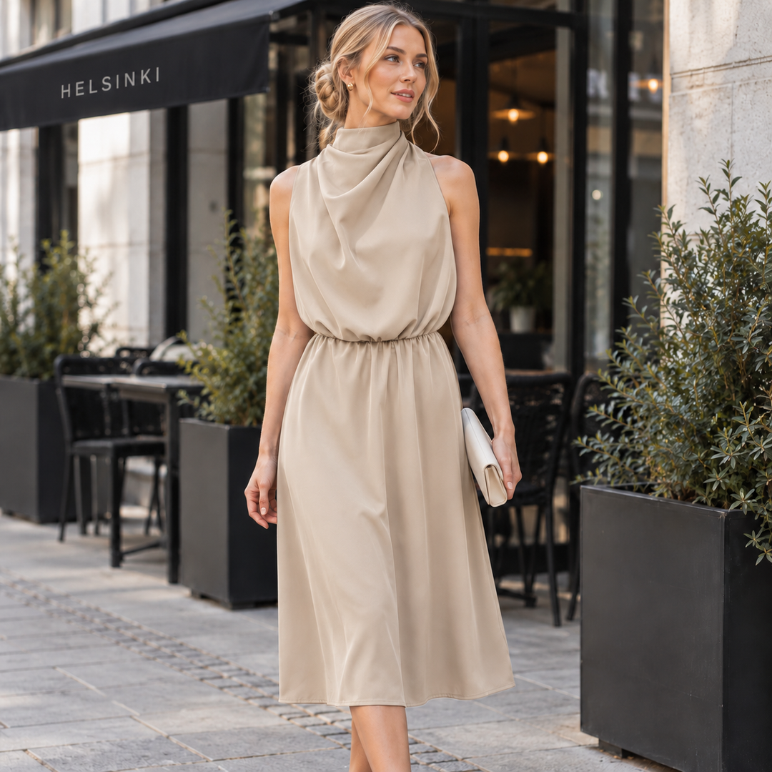 Moda feminina: Vestido midi elegante com gola alta drapeada e cintura bem marcada. Estilo moderno.