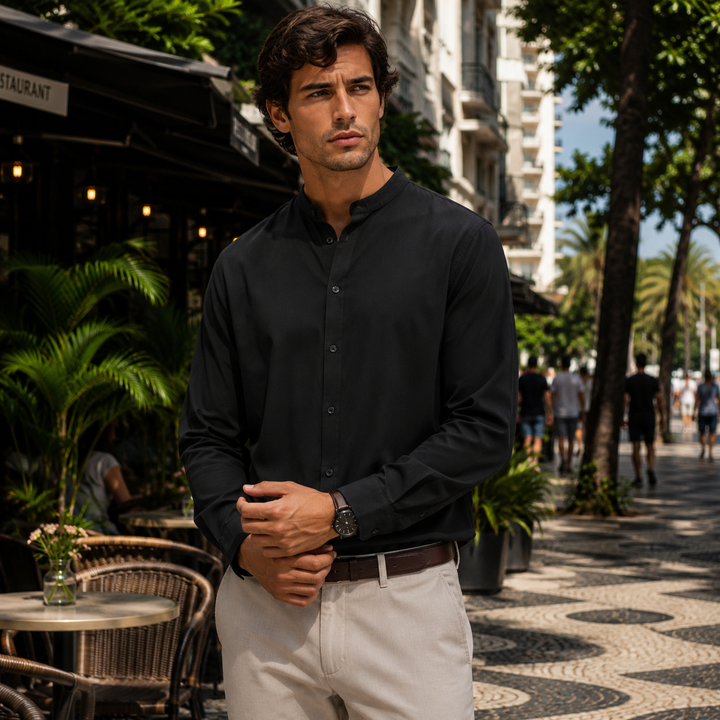 Camisa de linho masculina confortável, estilo casual descontraído, manga longa versátil.