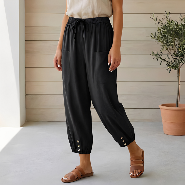 Calça feminina de verão. Ampla, cintura alta e super confortável. Ideal para um look elegante e casual.