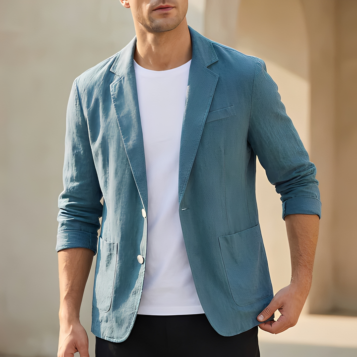 Blazer masculino leve e respirável para verão, essencial na moda masculina casual chic.
