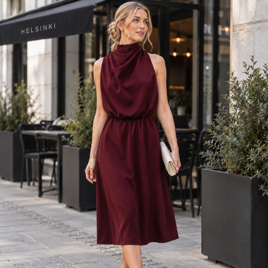 Vestido de festa midi feminino elegante, com gola alta drapeada e cintura marcada. Estilo sem mangas.