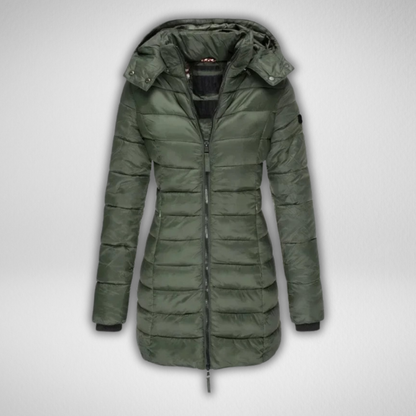 Jaqueta acolchoada feminina moderna, resistente à água, perfeita para enfrentar o frio do inverno com conforto.