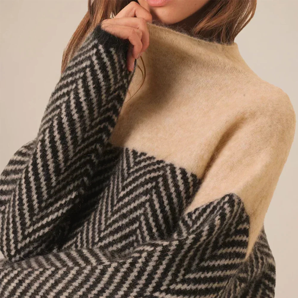 Roupa de inverno: camisola feminina de gola alta chic. Design elegante e confortável, perfeita para o outono.