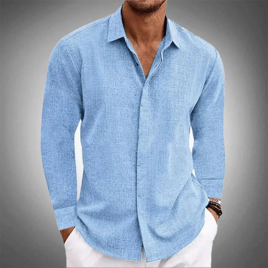 Camisa masculina de linho, manga longa com botões e gola clássica, ideal para look casual e formal.