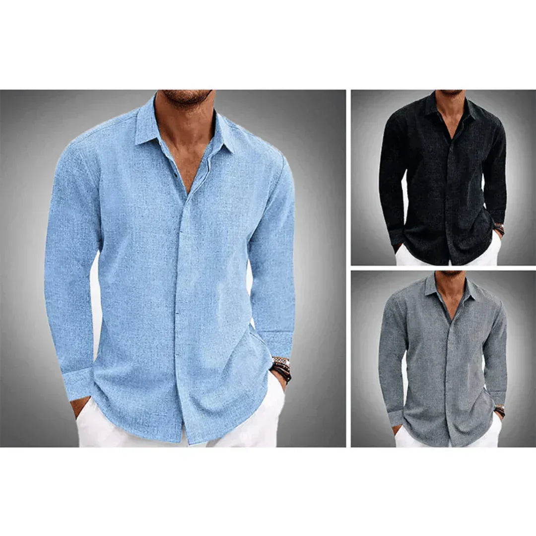 Camisa masculina em linho com gola clássica, botões e manga longa, ótima para ocasiões casuais e formais.