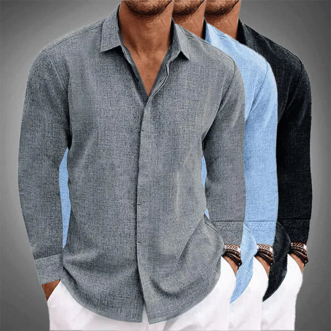 Camisa masculina de linho com botões, manga longa e gola clássica, peça versátil para o homem moderno.