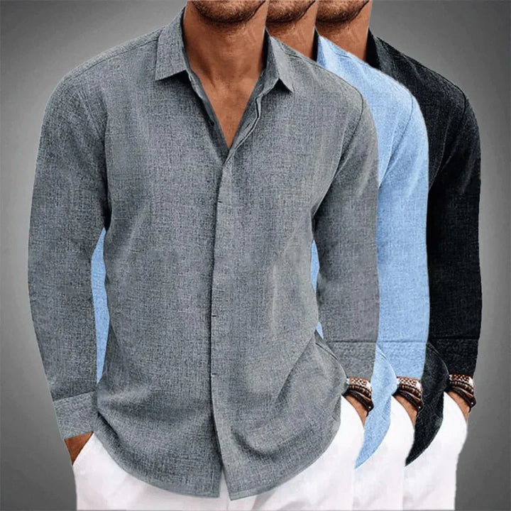 Camisa masculina de linho com botões, manga longa e gola clássica, peça versátil para o homem moderno.