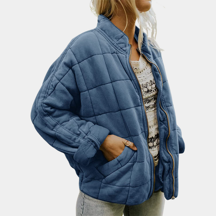 Jaqueta feminina acolchoada azul, versátil para moda casual e elegante. Casaco de outono com zíper, muito confortável.