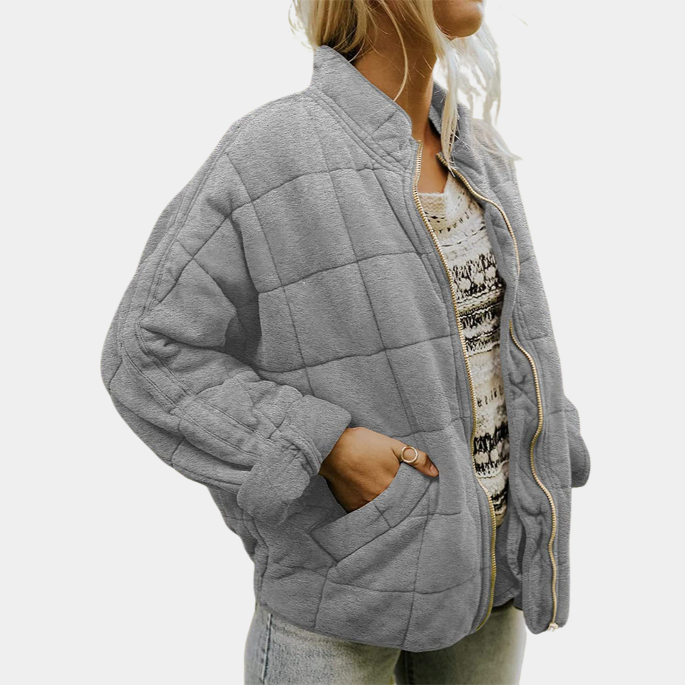Jaqueta feminina acolchoada verde, elegante e extremamente confortável. Roupa de outono versátil com zíper.