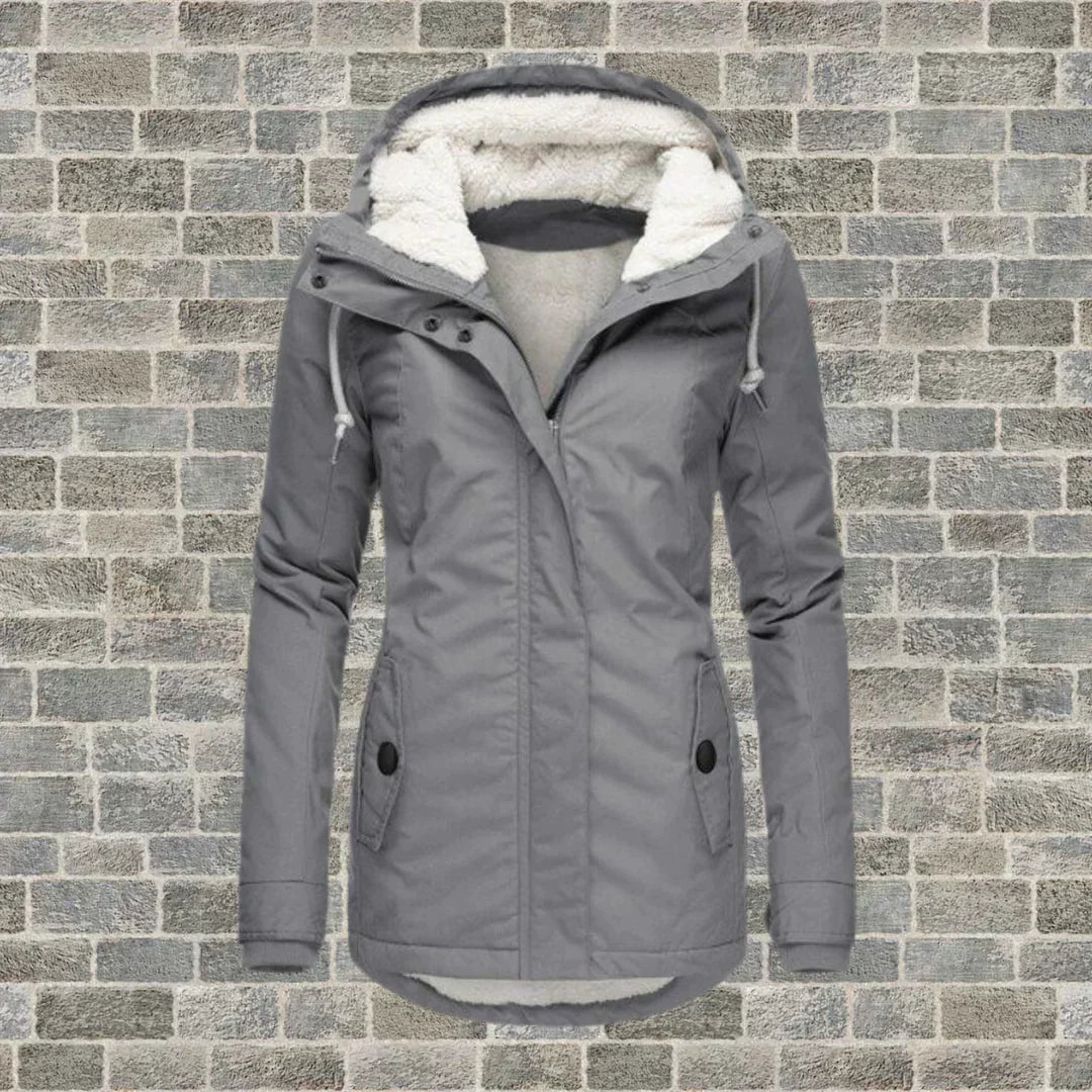 Casaco feminino plissado elegante com capuz para inverno/outono, oferecendo conforto e estilo casual.
