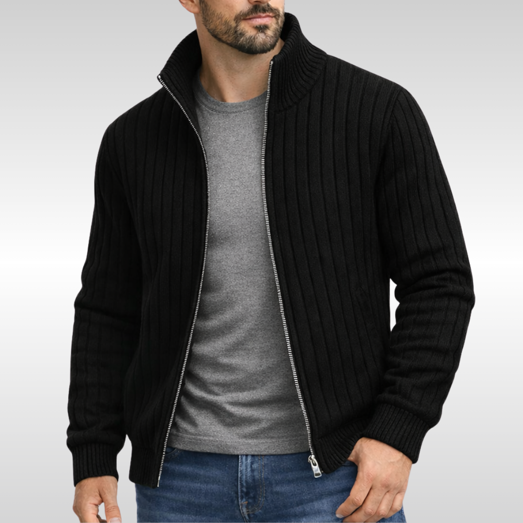 Colete azul masculino com fecho. Design casual e versátil, adiciona conforto e elegância ao visual.