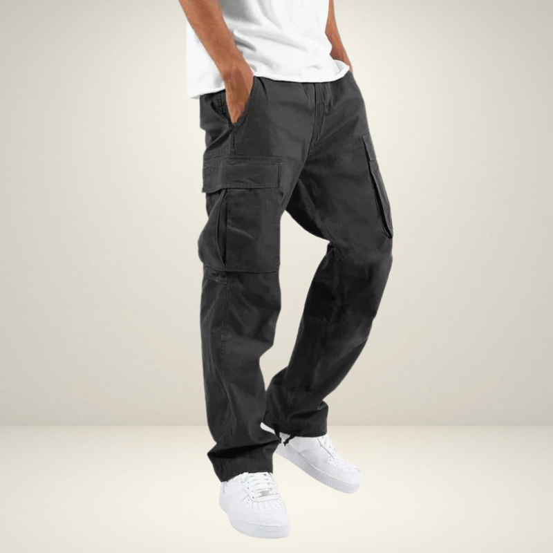 Calças cargo masculinas duráveis, cor neutra, com múltiplos bolsos práticos. Ideal para estilo casual e streetwear.