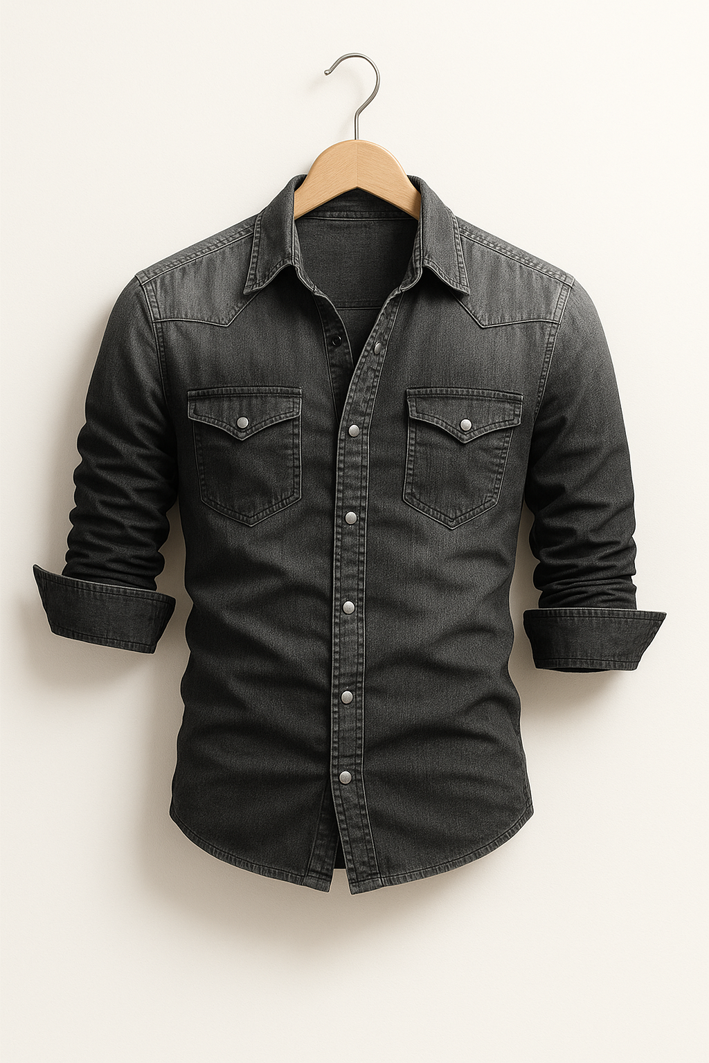 Roupa masculina: camisa jeans solta, manga comprida, oferece estilo casual e descontraído para o dia a dia.
