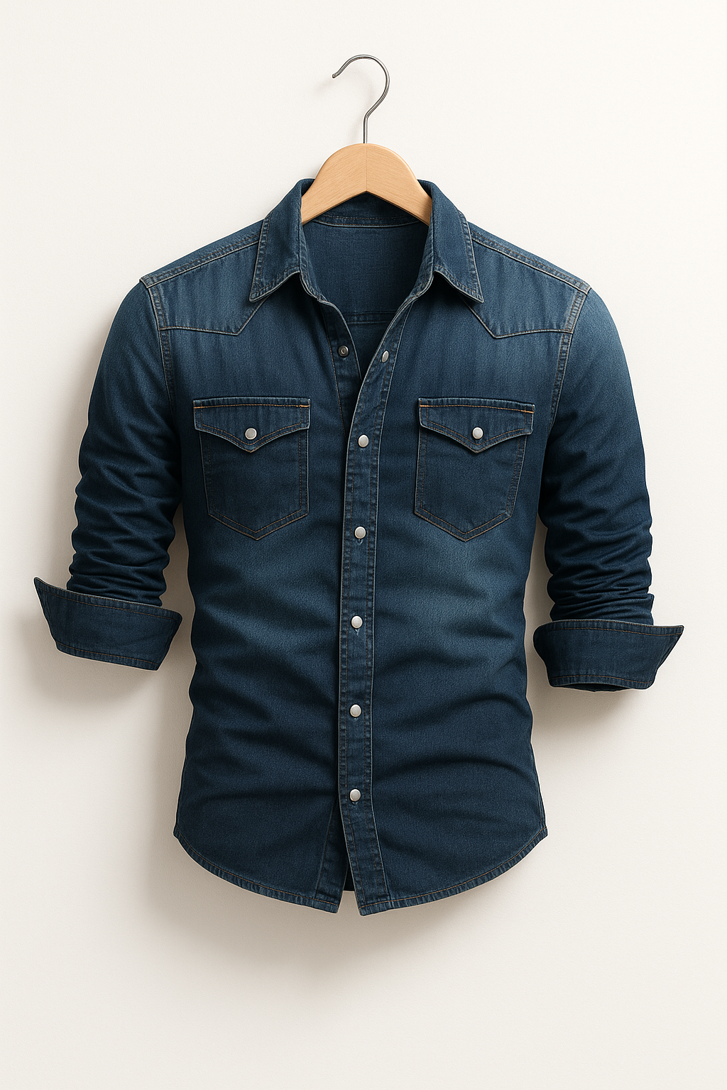 Camisa jeans masculina casual, solta e com manga comprida. Ideal para moda homem e elegância atemporal.