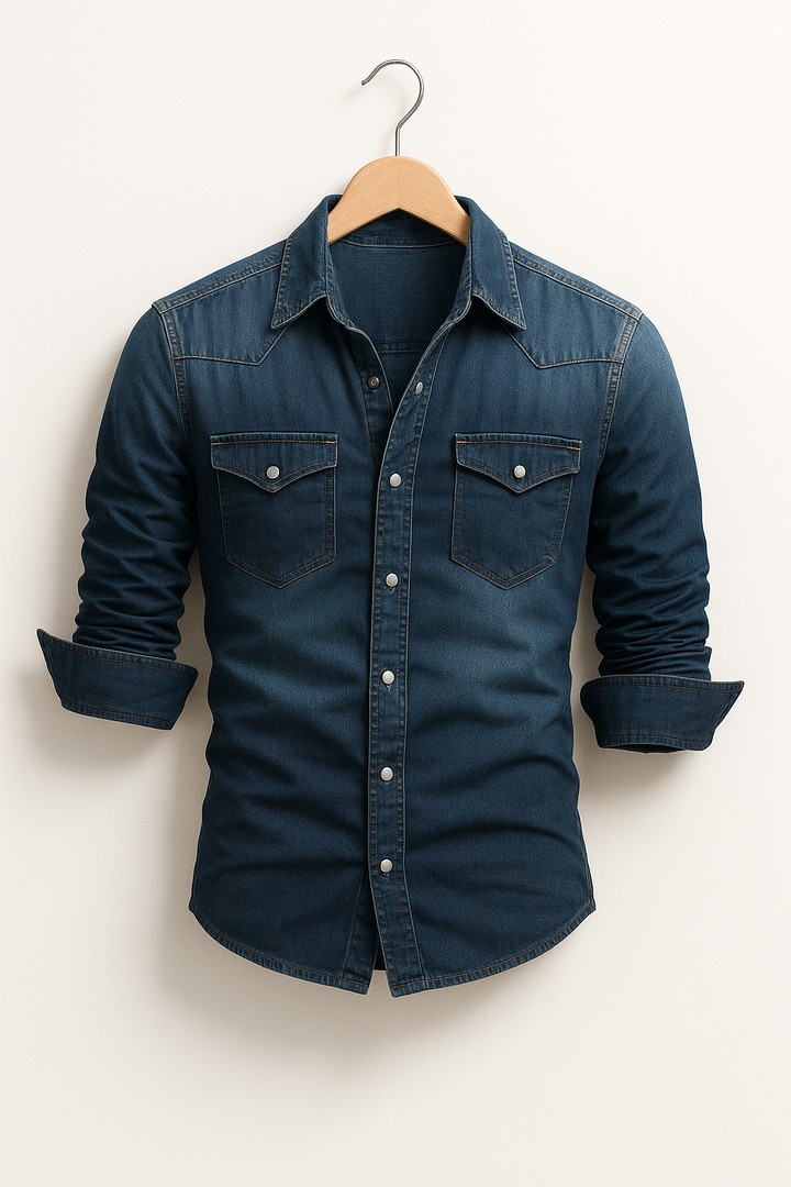 Camisa jeans masculina casual, solta e com manga comprida. Ideal para moda homem e elegância atemporal.