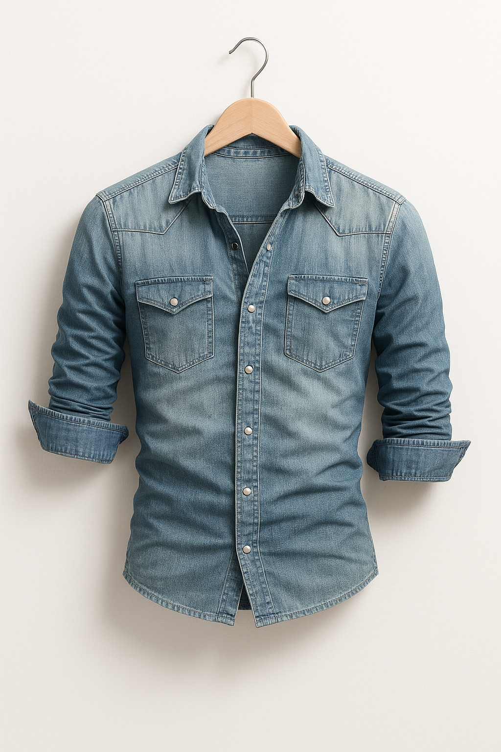 Look moderno com camisa jeans masculina. Peça versátil de manga comprida para estilo casual descontraído.